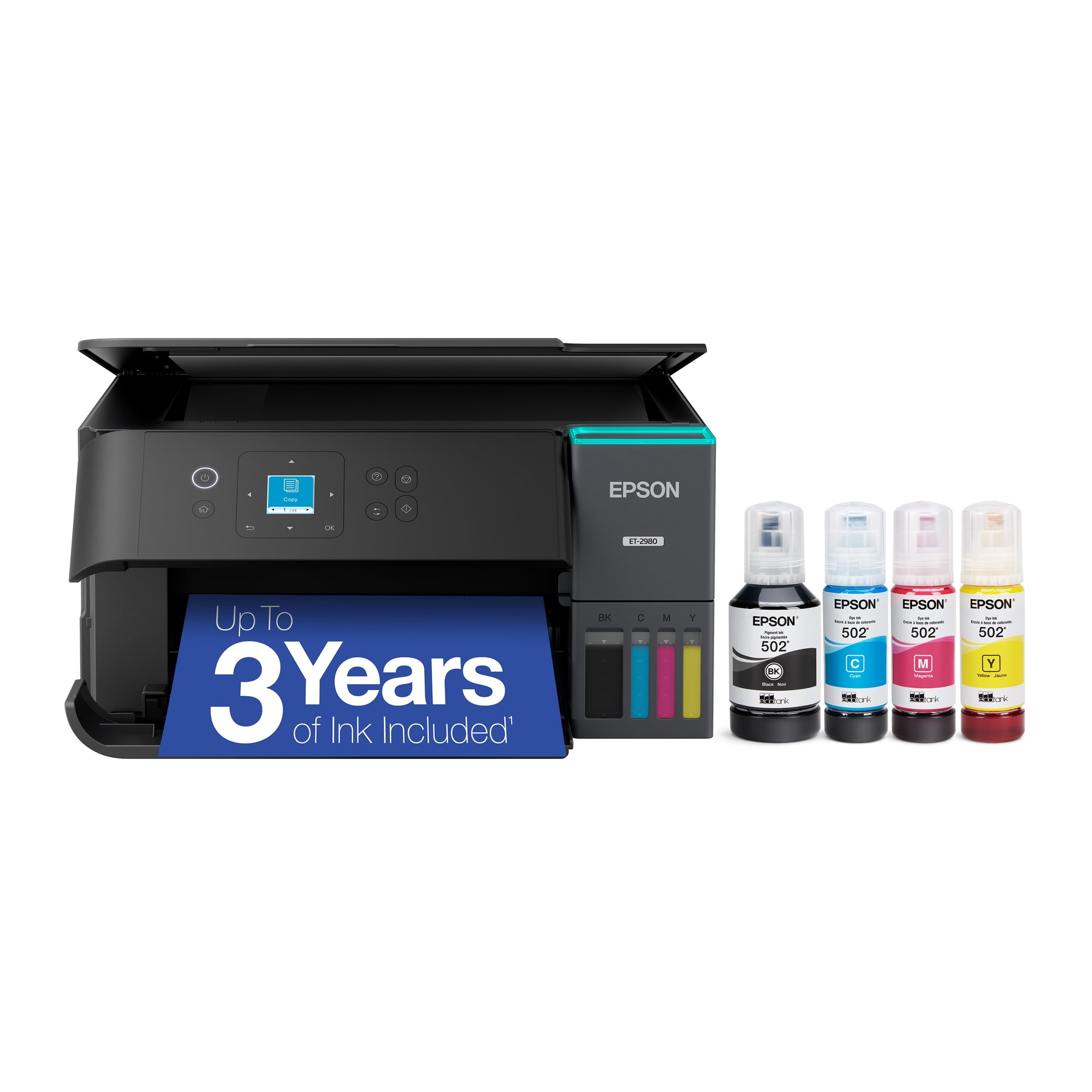 Epson EcoTank ET-2980 Wireless All-in-One Color Supertank Printer with up to 3 Years of Ink, Refillable Tanks, Perfect for Home, 15 PPM, 1.44\" Color Screen, Auto 2-Sided Printing