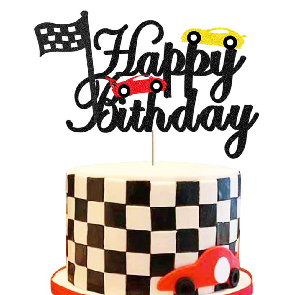 Race Car Birthday Cake Topper Black Glitter Happy Birthday Cake