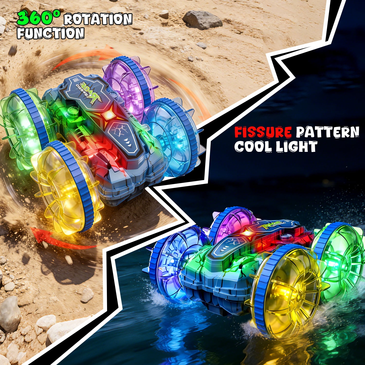 JoyStone Amphibious RC Car for Kids, 4WD Waterproof All Terrain Remote Control Stunt Truck with Double-Sided Driving, LED Light-Up Wheels, 2 Batteries, Blue