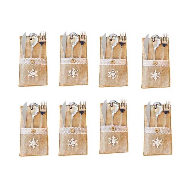 8Pcs Christmas Linen Tableware Bags Knives Forks Spoons Cutlery Bags for Hotel Restaurant Snowflake Pattern