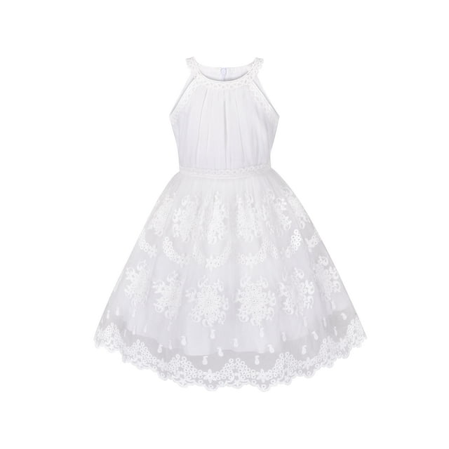 Girls Dress Off White Embroidered Flower Halter Dress Wedding Party 10 Years