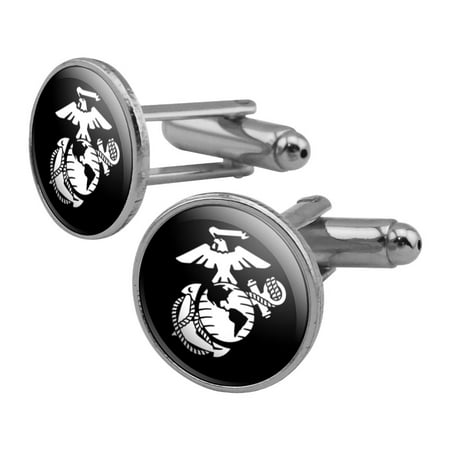 - Marines USMC White Eagle Globe Anchor on Black Officially Licensed Round Cufflink Set Silver Color