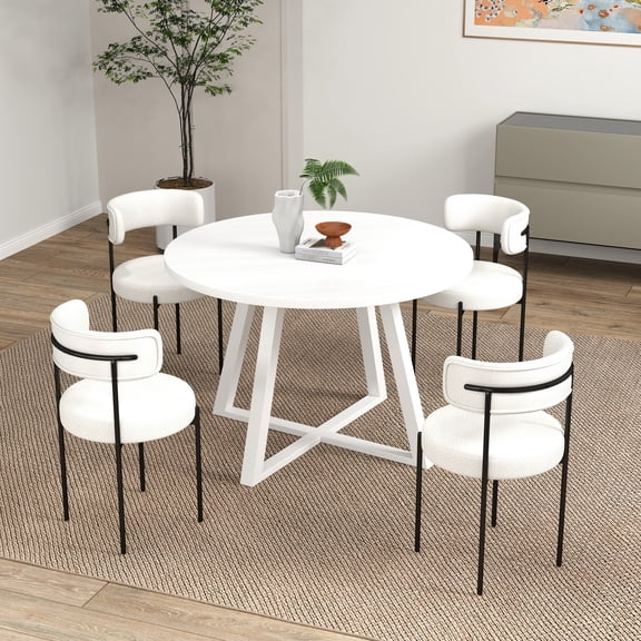 5 Meal Table - Round Trestle And 4 Chic Boucle Seats Contemporary Food Dining With Chairs