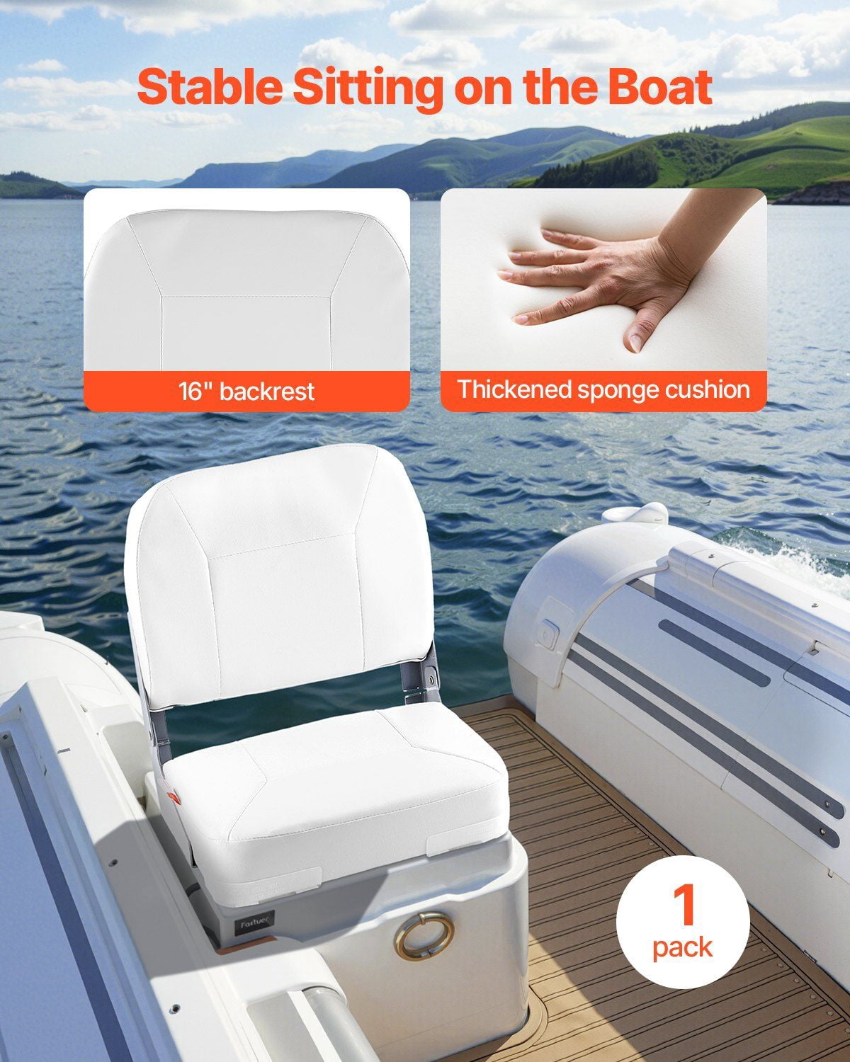 12 in x 50 ft Folding Fishing Boat Seat Low Backrest with Sponge Cushion White Waterproof PVC Leather Foam Comfort Durable Marine Outdoor Seat for Boats, Canoes, and Aluminum Decks