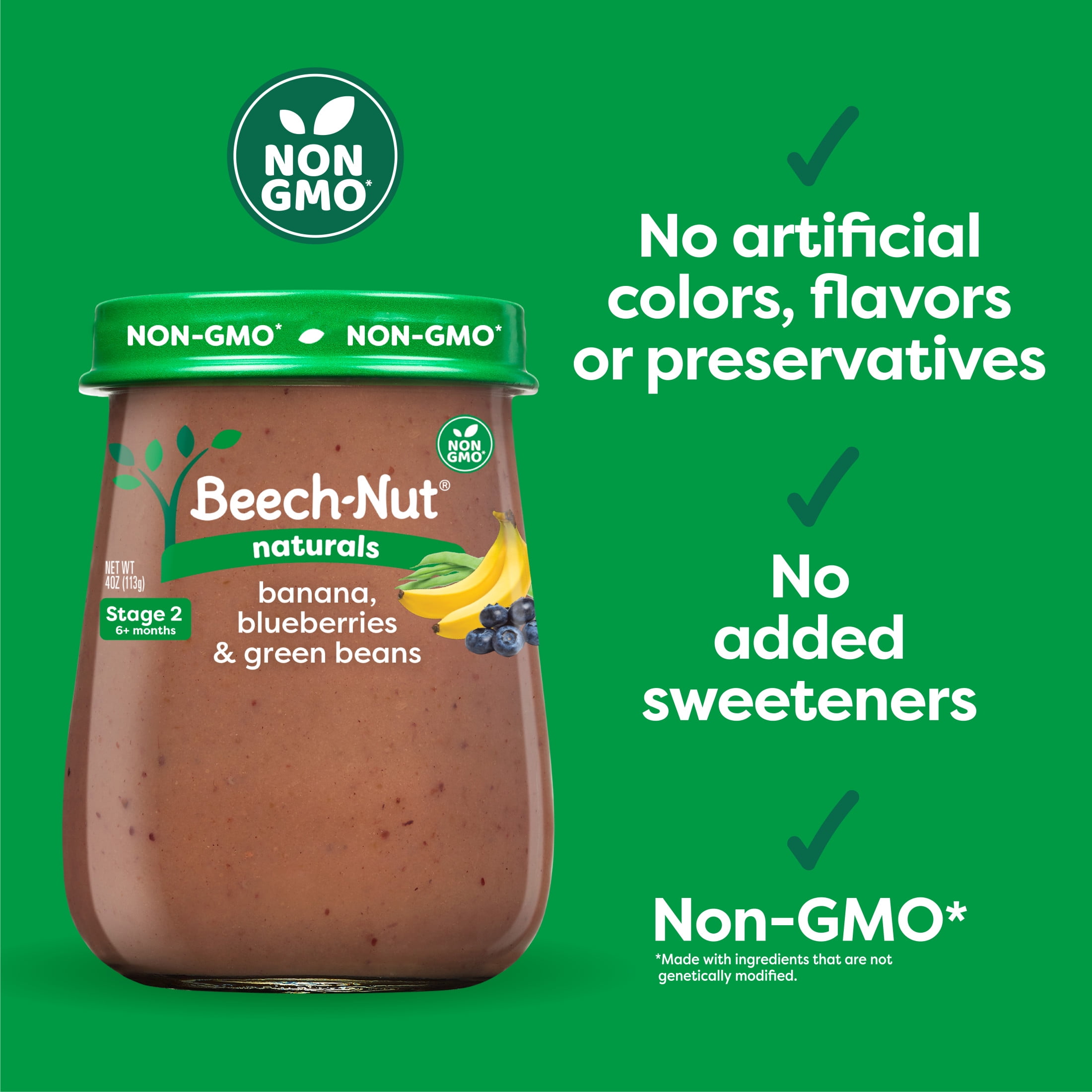 (10 pack) Beech-Nut Naturals Stage 2 Baby Food, Banana Blueberries & Green Beans, 4 oz Jar