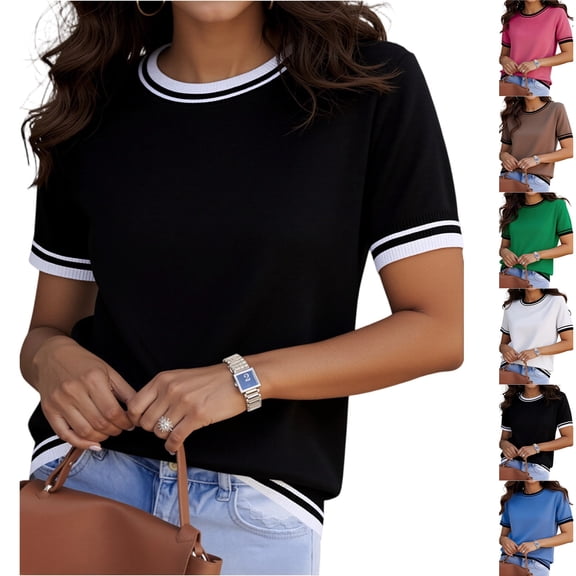Women Short Sleeve Sweater Summer Crew Neck Dressy Casual Soft Knit Pullover Tops Trendy,L,#03 Black