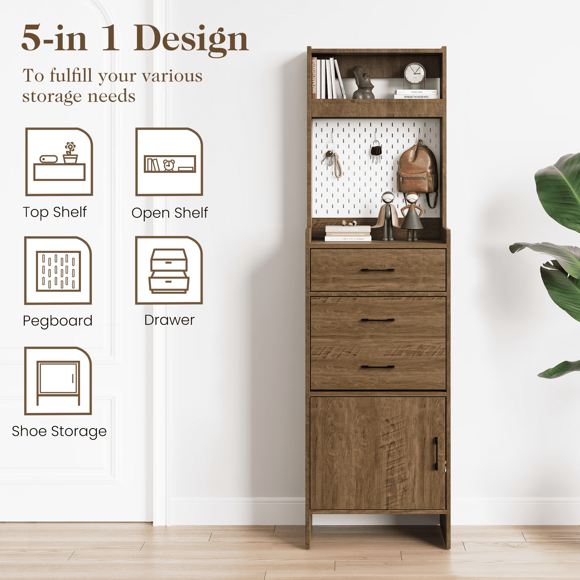 Mintazer 69" Tall Entryway Shoe Storage Cabinet with Flip Drawer, 5-in-1 Hallway Organizer with Pegboard & Adjustable Shoe Closet, Brown