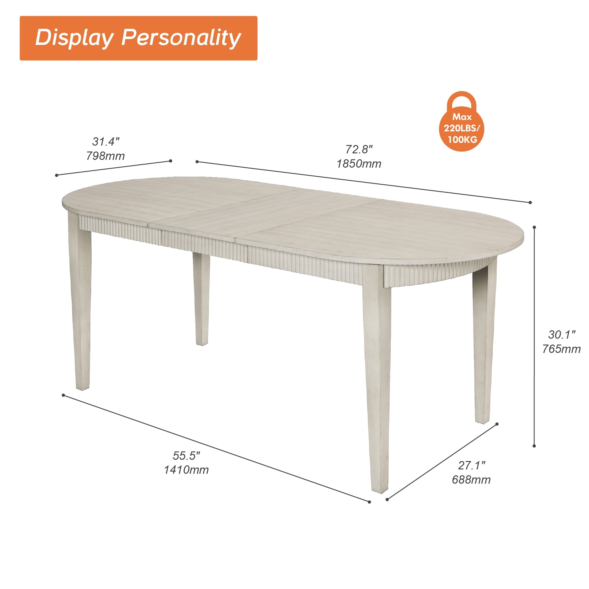 Round Dining Table for 4-6, 72.9in Long Large Kitchen Table with Fluted Apron, 7.4 Ft Modern Kitchen Table With Sturdy Wooden Frame Dinner Tables for Dining Room, Kitchen, Living Room,