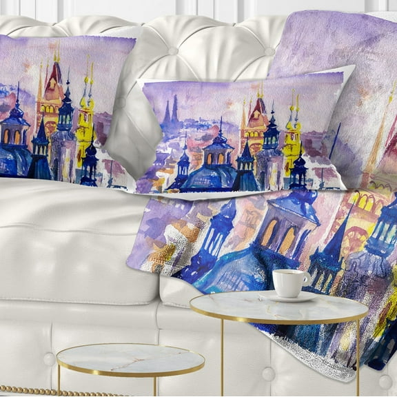 Designart Prague Vector Illustration - Cityscape Painting Throw Pillow - 12x20