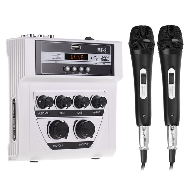 MF-8 Mini Sound Audio Mixer Stereo Echo Mixers Dual Mic Inputs Support BT Recording MP3 Function with 2 Set Wired Handheld Microphones for TV PC Smartphone Live Streaming Online Karaoke