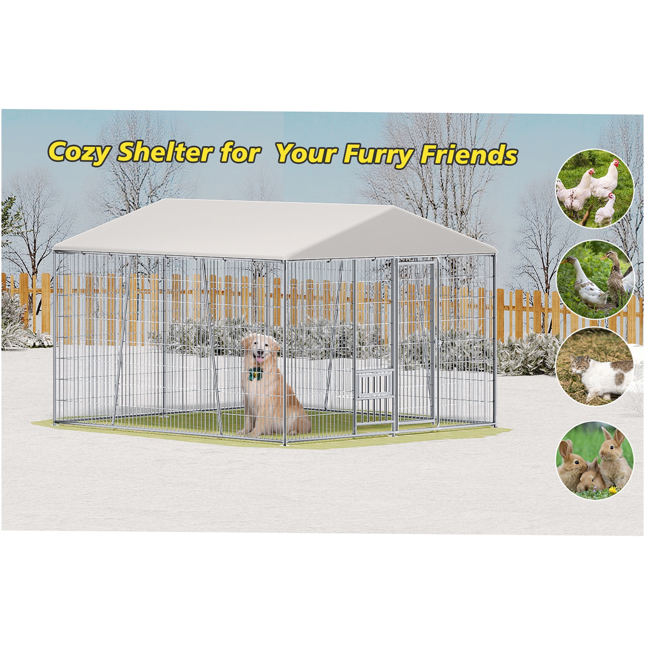 JERFIT 10x10ft Outdoor Metal Dog Kennel with Roof & Feeding Bowl, Heavy Duty Steel Wire Pet Cage Playpen for Large Dogs
