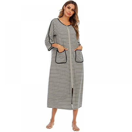 

Autumn Winter Women s Homewear Comfy Casual Plus Size Loose Nightgown Three-quarter Sleeve Sleepwear Stripe Long Nightdress