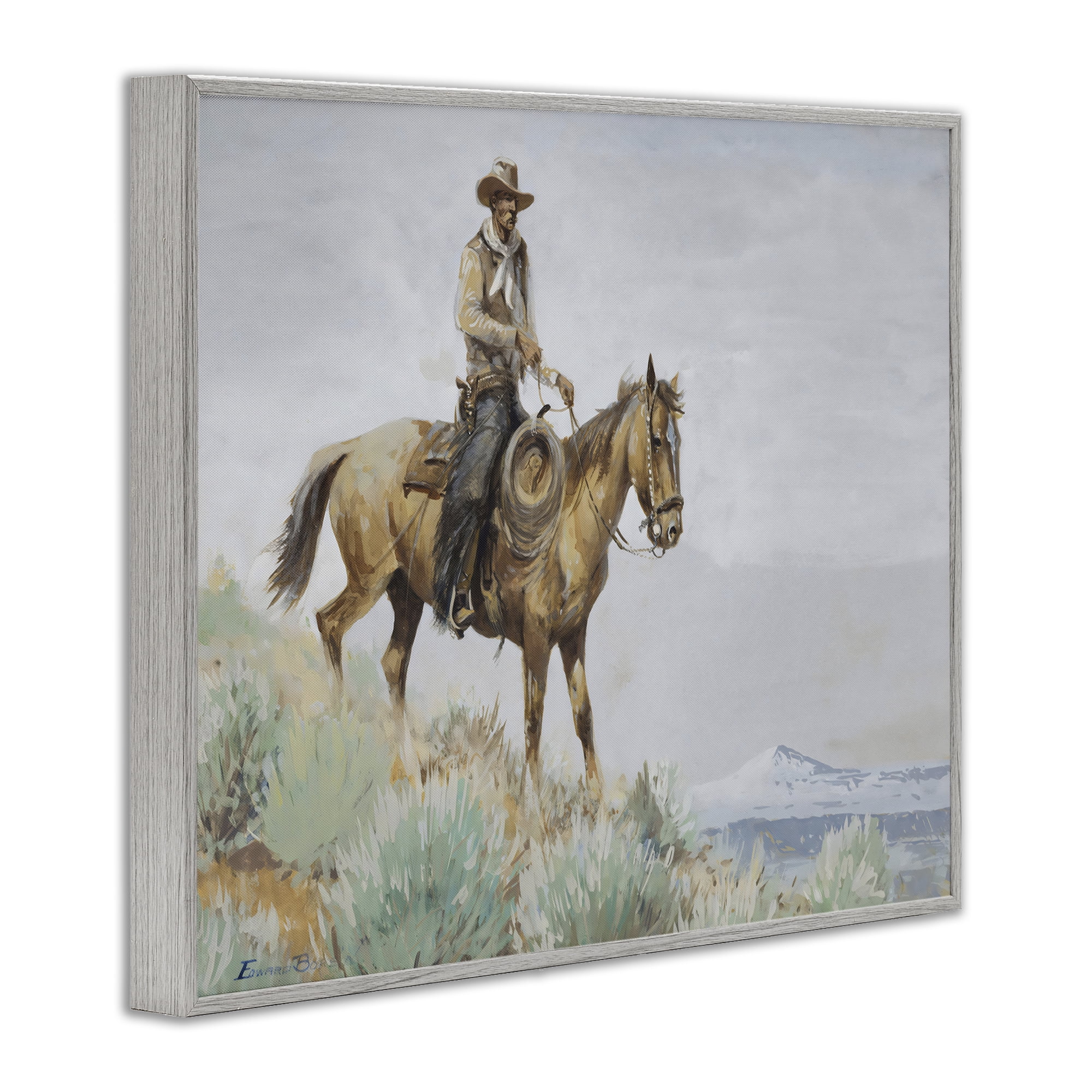 Stupell Industries Mounted Cowboy on Sagebrush Ridge Gray Framed Giclee Art, design by Arlington Prints