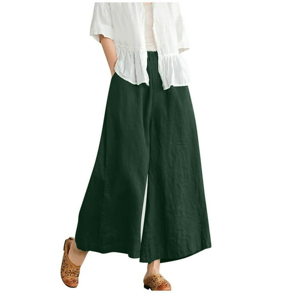 leijia Palazzo Pants for Women Cotton Linen High Waisted Wide Leg Pants Plus Size Baggy Lounge Long Pants with Pockets
