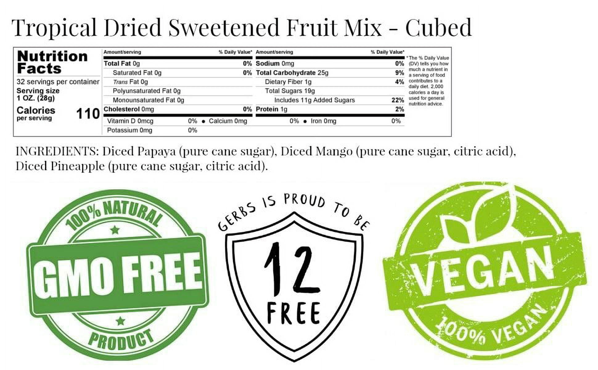 Dried Mango, Pineapple, Papaya Fruit Mix by Gerbs - 2 LBS - Unsulfured - Top 14 Allergen Free & NON GMO