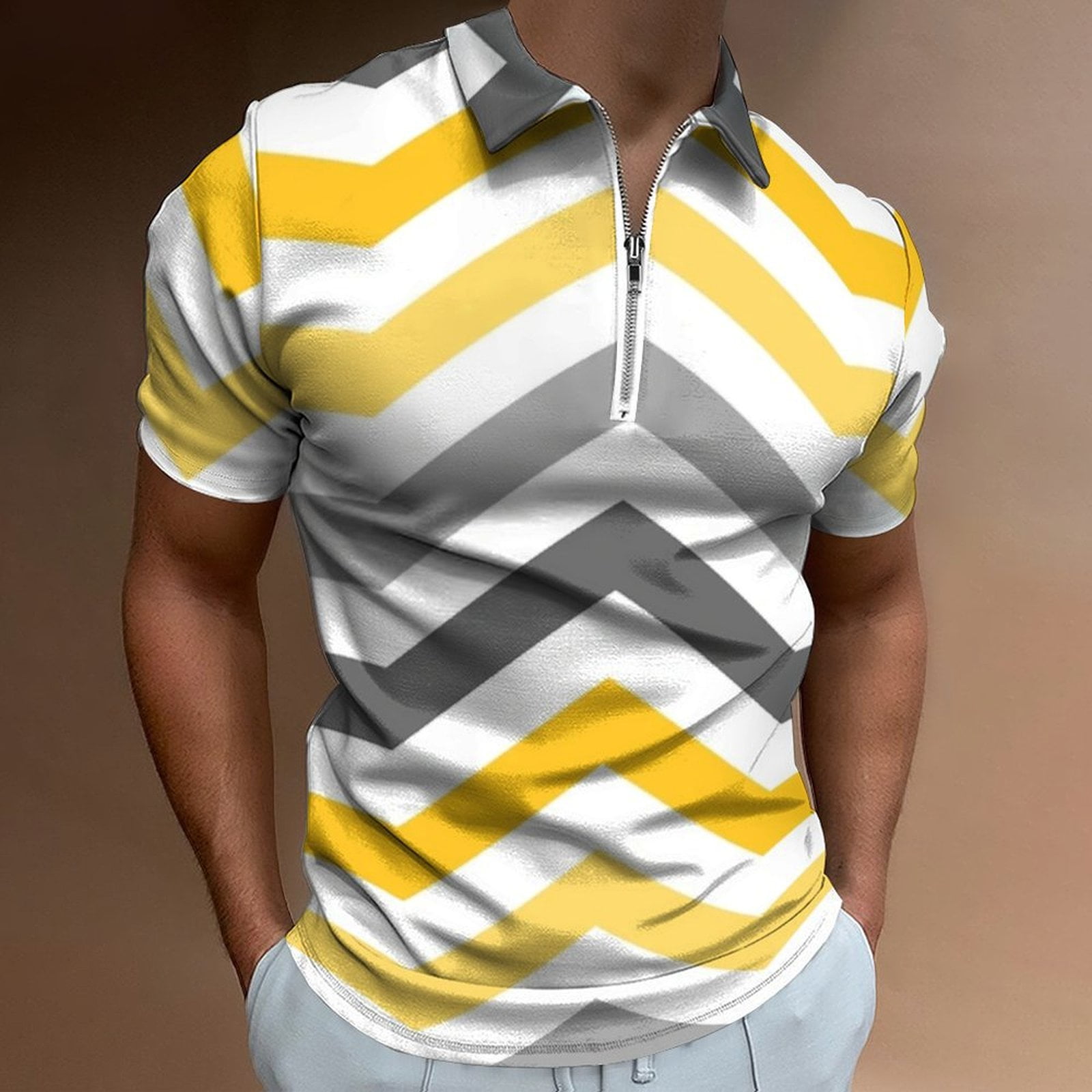 Yellow Gold Grey Chevron Pattern Men Zipper T-shirt Summer Casual