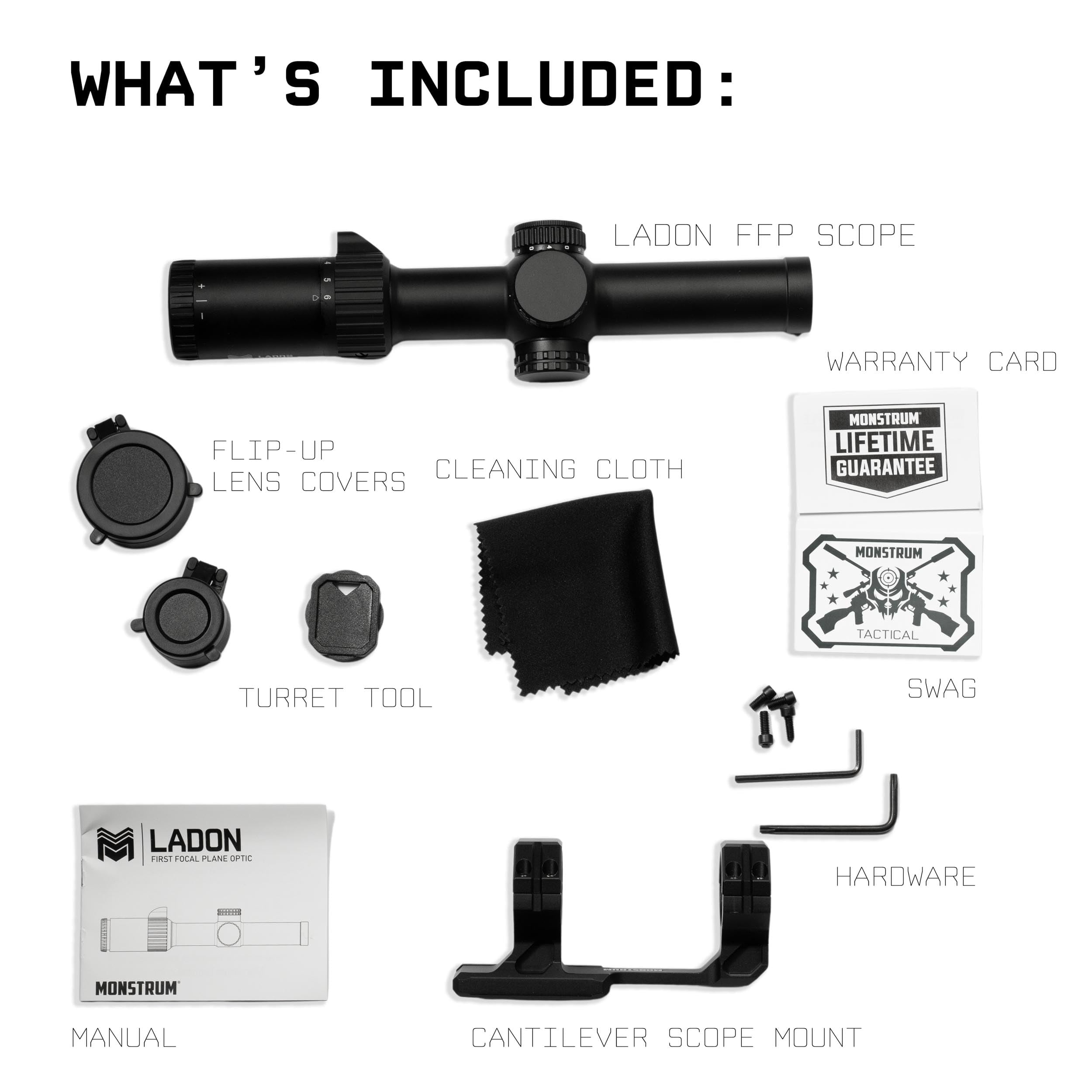Monstrum Ladon 1-6x24mm LPVO 30mm Tube Rifle Scope, First Focal Plane, CM7 Reticle, Black