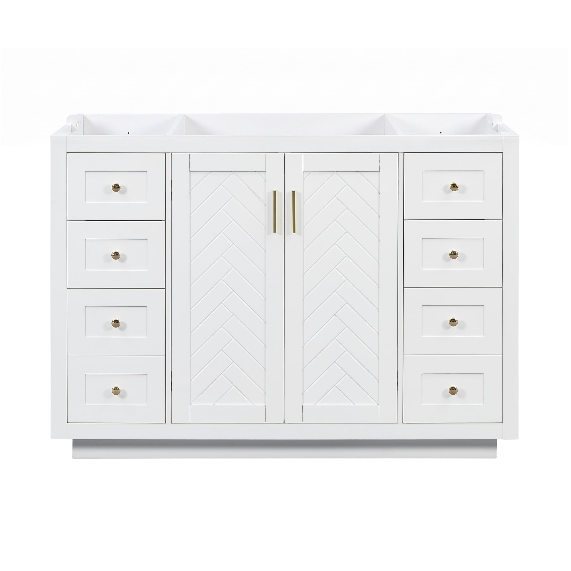 48" Classic Bathroom Vanity Cabinet, Freestanding MDF Vanity Base with 6 Drawers and 2 Soft-close Doors, White Storage Cabinet with Gold Handles, Cabinet Only Without Sink