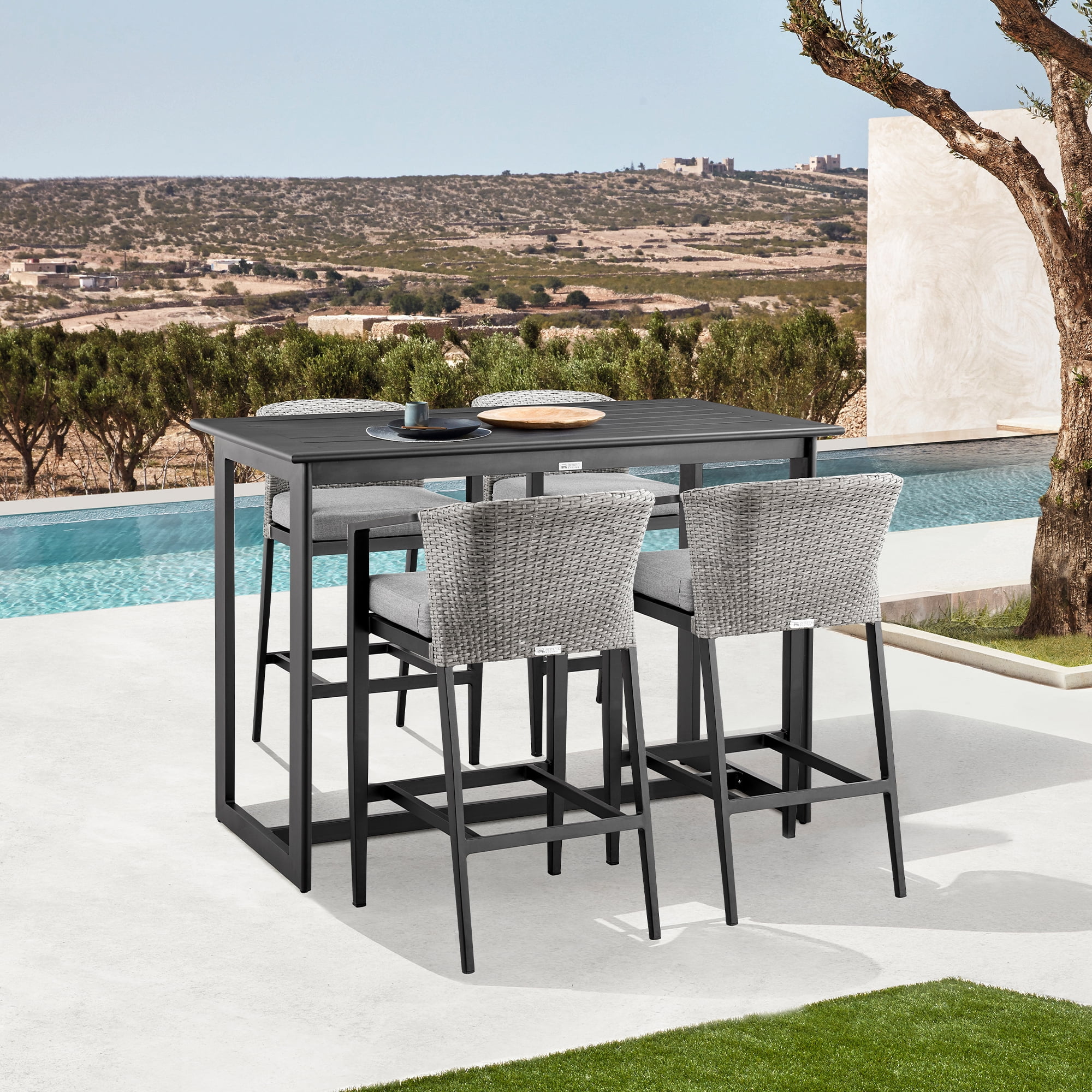 Palma Outdoor Patio Counter Height Bar Stool in Aluminum and Wicker with Gray Cushions - Set of 2