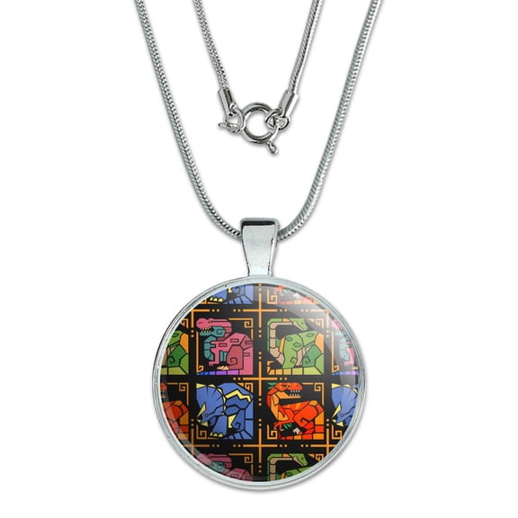 Geometric Dinosaurs Aztec Mayan Style Tyrannosaurus Triceratops Velociraptor Brontosaurus Pattern 1" Pendant with Sterling Silver Plated Chain