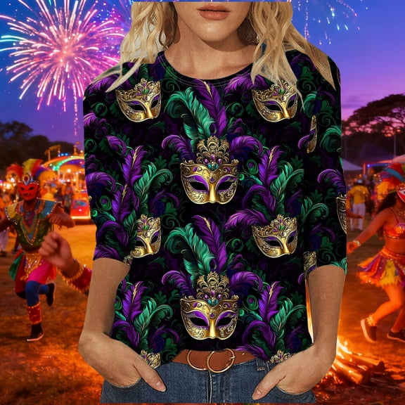 Mardi Gras Shirts for Women Funny Masked Print 3/4 Sleeve Festival Tops Loose Crew Neck New-Orleans Carnival Party Tee Shirt Casual Trendy Blouse
