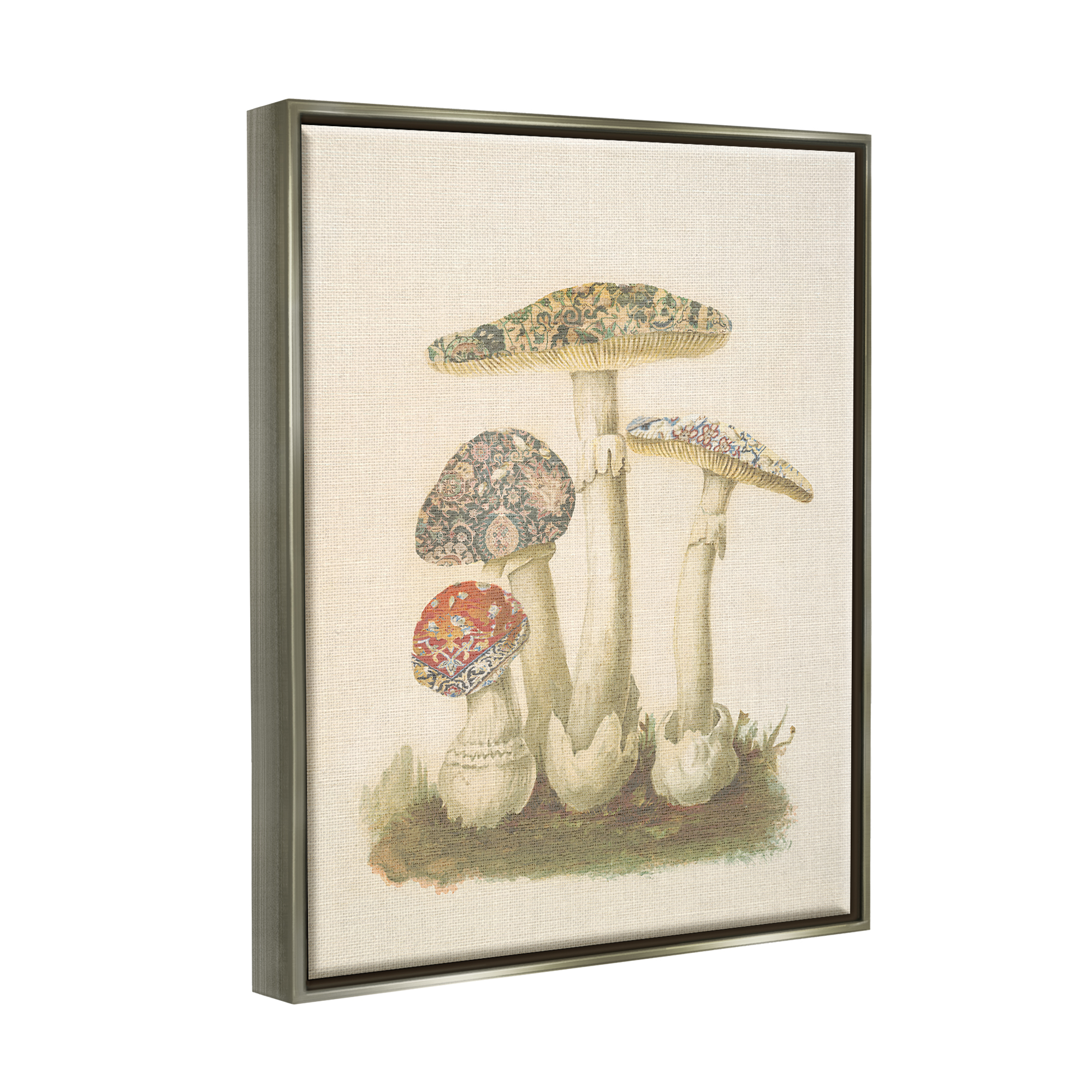 Stupell Industries Vintage Patterned Mushrooms Botanical & Floral Painting Gray Floater Framed Canvas Art Print Wall Art, 17 x 21