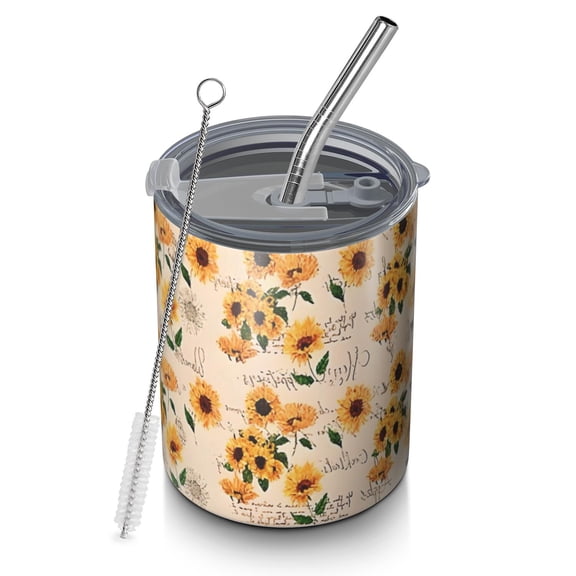 12oz Coffee Tumblers Beige Sunflower Handwriting Pattern Stainless Steel Vacuum Insulated Travel Tumbler Coffee Cups Mug with Lid and Straw with Cleaning Brush for Cold & Hot Drinks