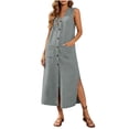 thumbnail image 4 of Hduncf Linen Dress Womens V Neck Button Down Sleeveless Shirt Dress Fashion Summer Casual Side Slit Maxi Tank Dresses with Pockets Gray L, 4 of 9