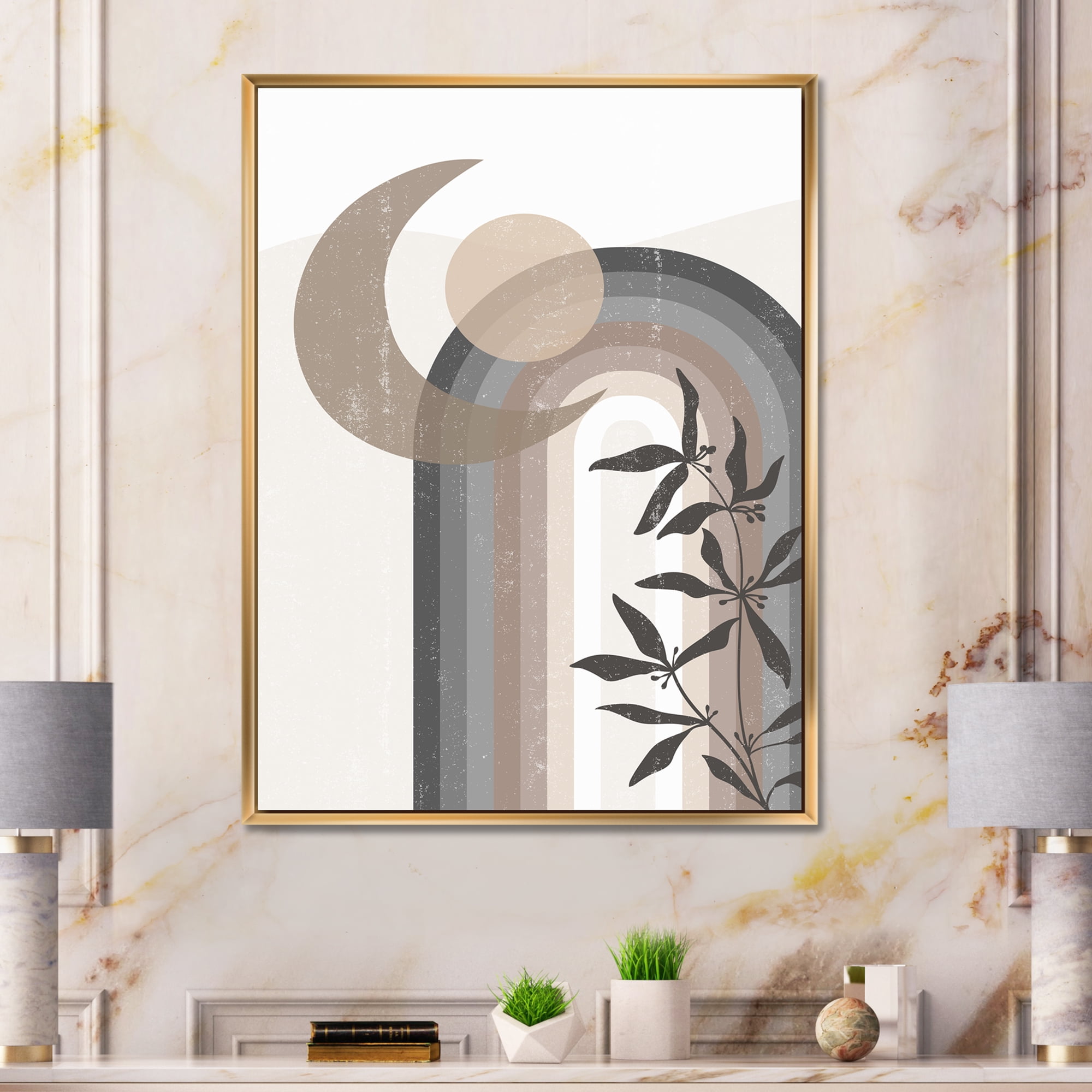 Designart 'Abstract Moon and Sun In Gray and Blue' Modern Framed Canvas Wall Art Print