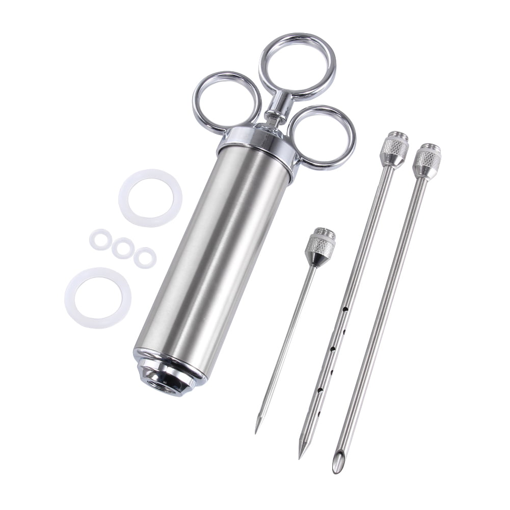 Heavy Duty Stainless Steel Meat Injector Syringe 2 Oz with 3 Needles 3 Cleaning Brushes & Spare O Rings 