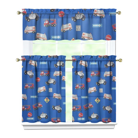 Truck Construction Vehicle Kitchen Curtains Tier and Valance Set, Cartoon Car Excavator Tractor Fire Truck Print, Light Filtering Rod Pocket Curtain Panels for Kids Room or Playroom