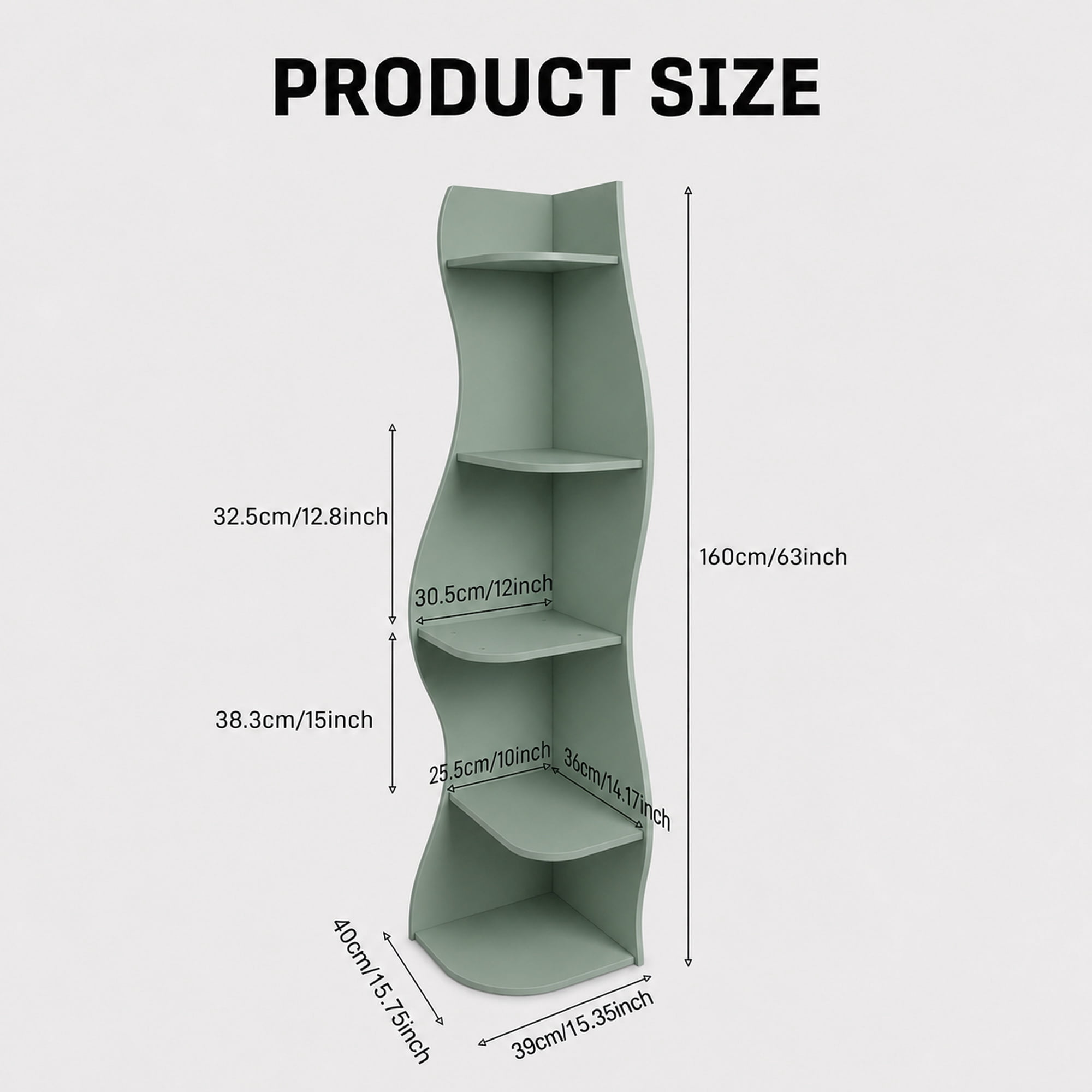 Leumius 5-Tier Bookshelf,Freestanding S-Shaped Corner Shelf Curved Display Rack,Space-Saving Corner Display Bookshelf/Plant Stand for Living Room Home Office,Sage Green