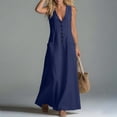 thumbnail image 6 of Guieoi Summer Dresses for Women under $10 Plus Size Flowy Button-Front Linen-Cotton Loose-Fit Sleeveless Long Dress with Pockets Blue M, 6 of 7