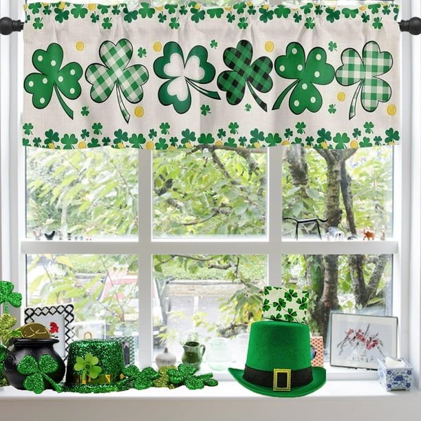 Cortinas de cocina con motivo del Día de San Patricio | Tela de poliéster verde semitransparente | Ganchos fáciles de instalar | Filtran la luz | Lavables | Decoración festiva para la cocina, la