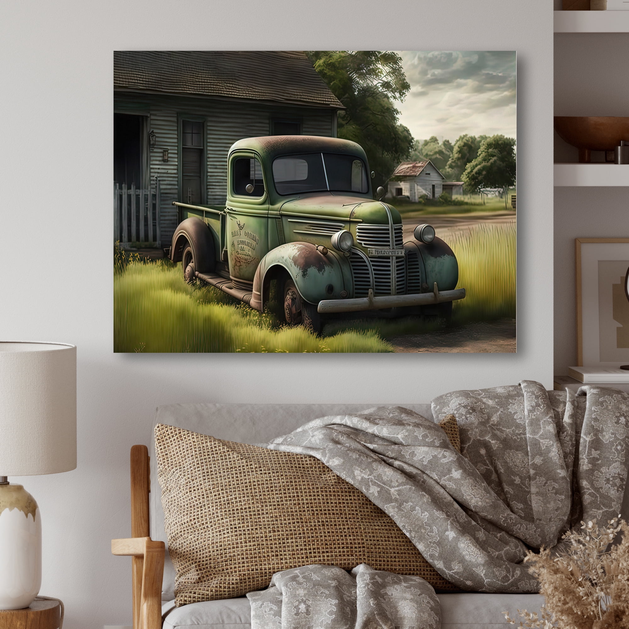 Designart Green Old Truck At The Barn Canvas Wall Art