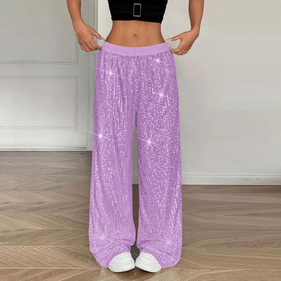 Sequin Pants Women Elastic Waist Wide Leg Sparkle Shiny Pant Casual Loose Glitter Trousers Fashion Palazzo Light Purple XL