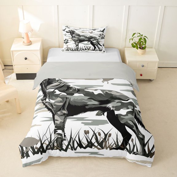Homewish Camo Labrador Retriever Twin Duvet Cover,Vintage Dog Paws Duck Twin Bedding,White,Light Gray Reversible,2pcs,1 Duvet Cover and 1 Pillowcase