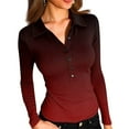 thumbnail image 2 of Womens Deep V Neck Long Sleeve Gradient Color Tops Collared Button Down Slim Fitted Polo Shirts Casual Work Tees Wine L, 2 of 6