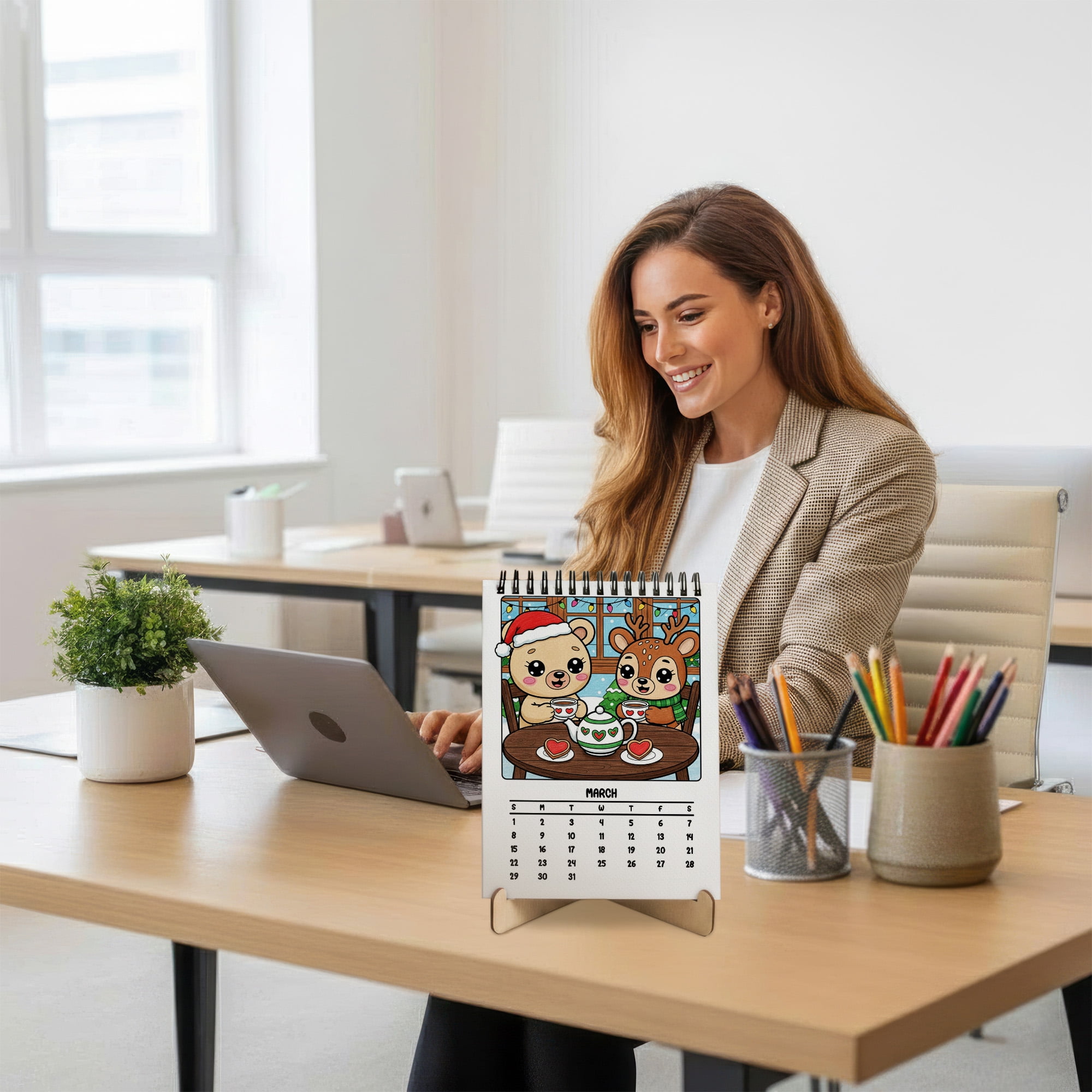 Christmas Friends Coloring Desk Calendar 2026–2027, A5 Wooden Cover Planner with 26 Easy Coloring Pages for Adult Relaxation, 24 Month Desktop Calendar with Stand, Gift for Family & Friends