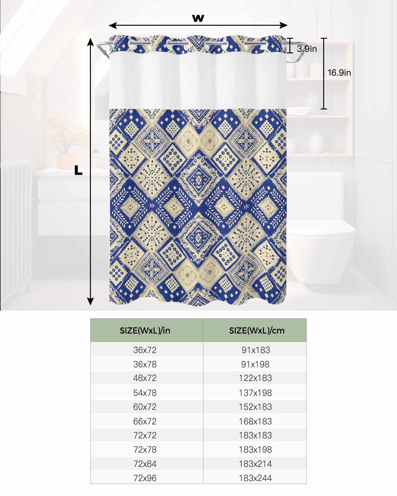 No Hook Shower Curtain with Snap in Liner, Boho Blue Watercolor Flower Rhombus Polka Dot Hotel Shower Curtains for Bathroom, Washable Shower Curtain Liner Set with Mesh Top Window, 60"x72"