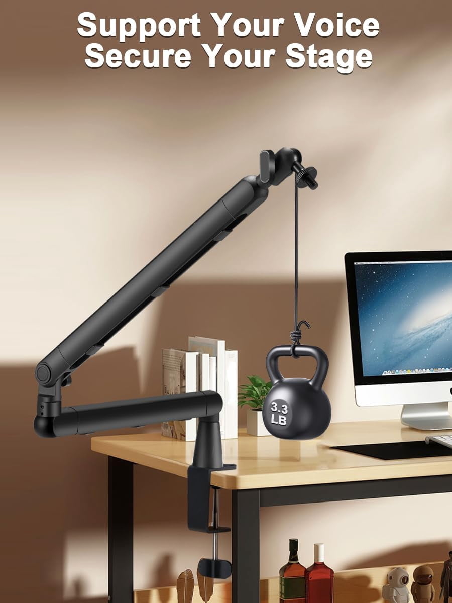 Low  Mic Arm Stand Adjustable Desk Clamp with 360 Swivel Detachable Rise Column Built-In  Management for Podcasting Streaming