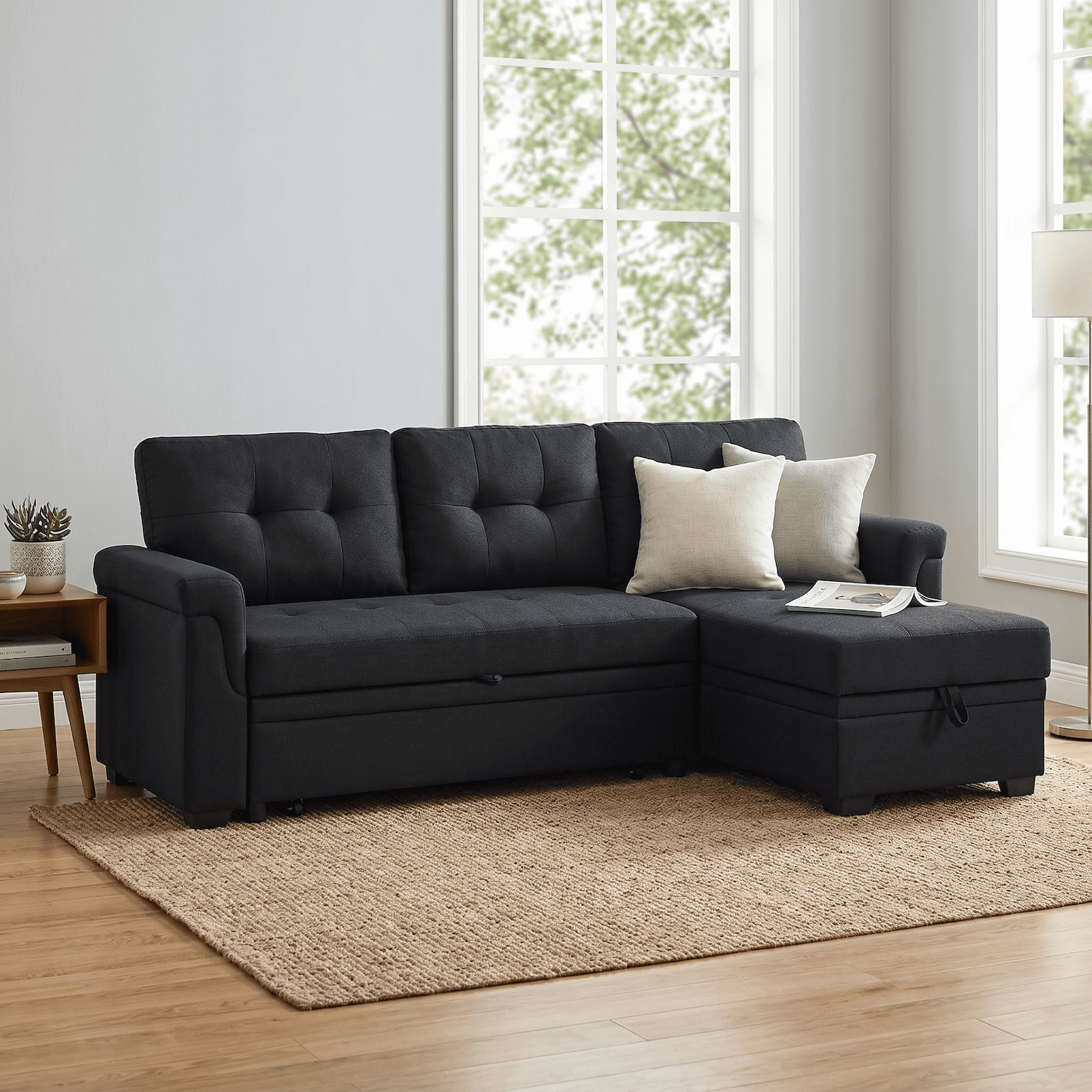Convertible Sleeper Sofa Bed 86" L Shaped Sectional Couch with Pull Out Bed & Reversible Storage Chaise, Modern Linen Fabric Sofa Couch for Living Room Apartment (Black)