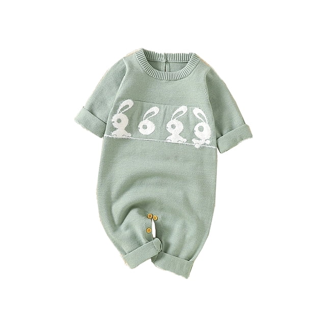 HNMKIU Cute Bunny Rabbit Themed Boys Romper Jumpsuit Soft Outfit Casual Wear Spring Autumn Machine Washable Bodysuit Snap Button Closure Green,1-3 Months