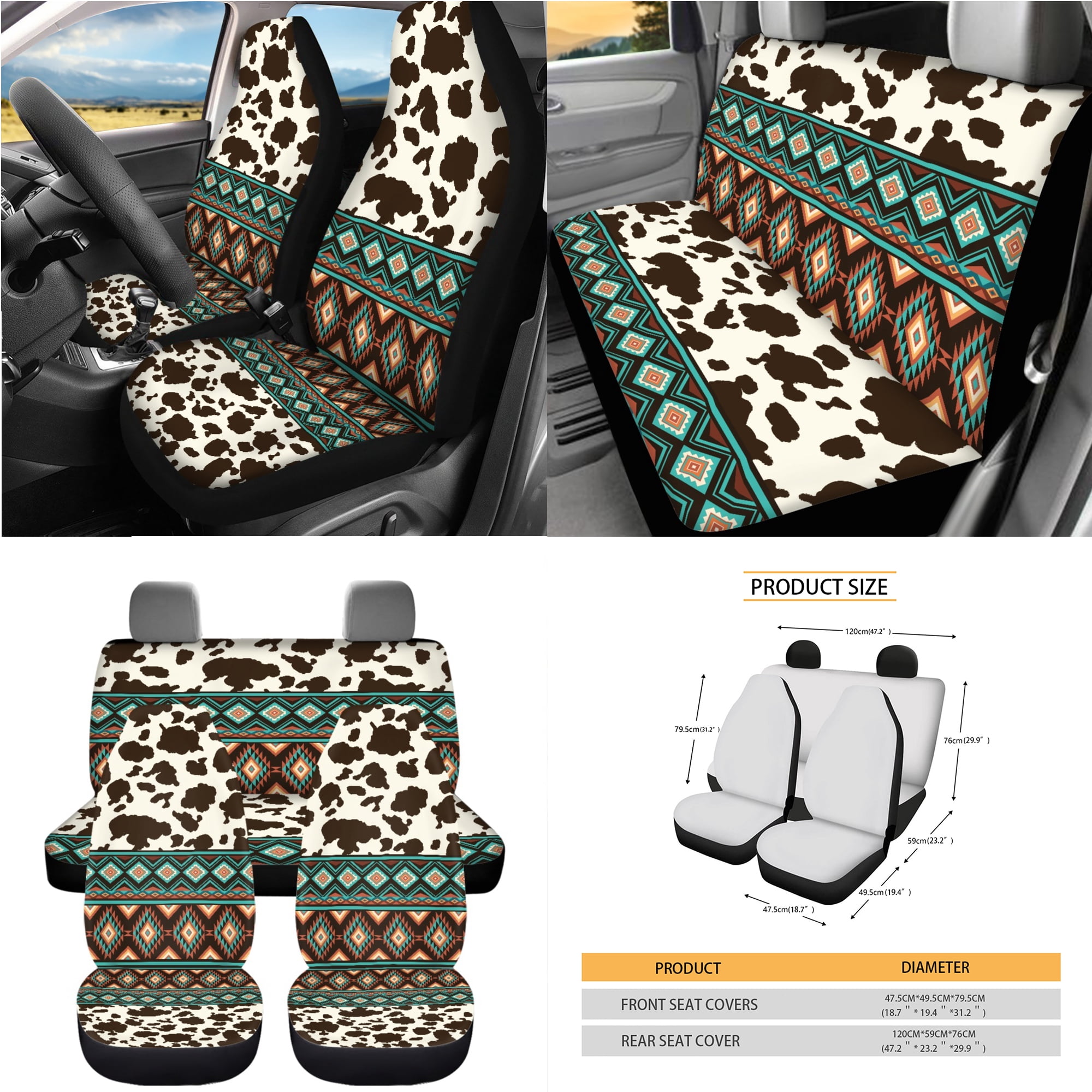 Yuyamidu Southwest Aztec Car Seat Cover Set 15 PCS Brown Cow Print Auto Steering Wheel Cover Seat Belt Strap Pads Cup Coasters Trash Bag Air Vent Storage Bag Rearview Mirror Cover Keychain