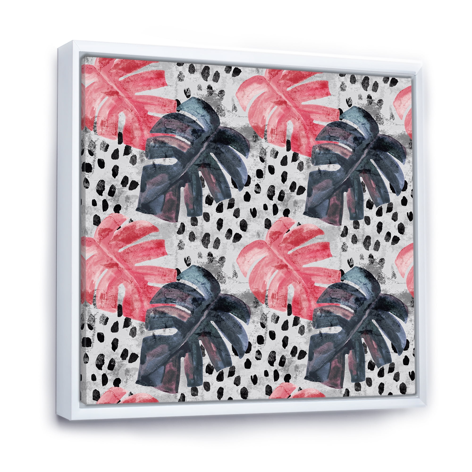 Designart 'Black and Red Monstera On Rough Brush Strokes I' Tropical Framed Canvas Wall Art Print
