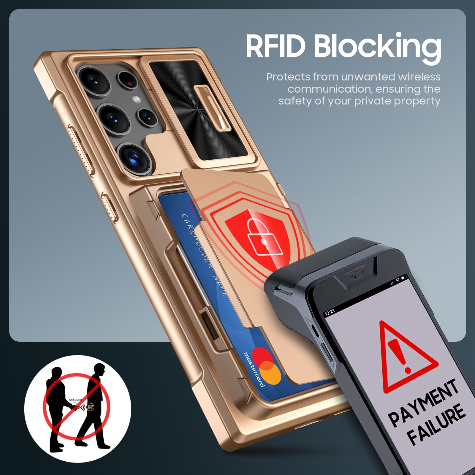 Vizvera for Samsung Galaxy S24 Ultra Phone Case with RFID Cards Holder (Store 4 Cards)&Camera Cover & Kickstand,Shockproof Silicone Case-Champagne