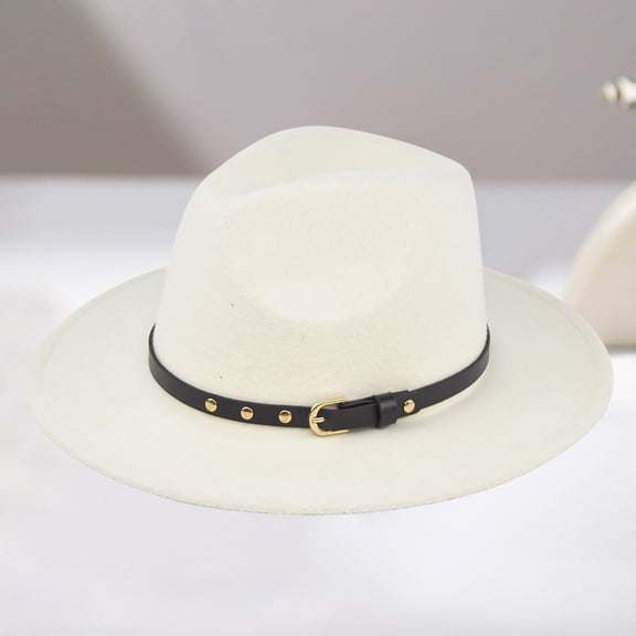 Women's Felt Panama Hats Classic Wide Brim Rancher Fedora with Belt Buckle Cowboy Style Beige