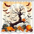 thumbnail image 1 of Spooky Halloween Shower Curtain with Gnarled Tree Full Moon & Bats Festive Pumpkin Design, 1 of 5