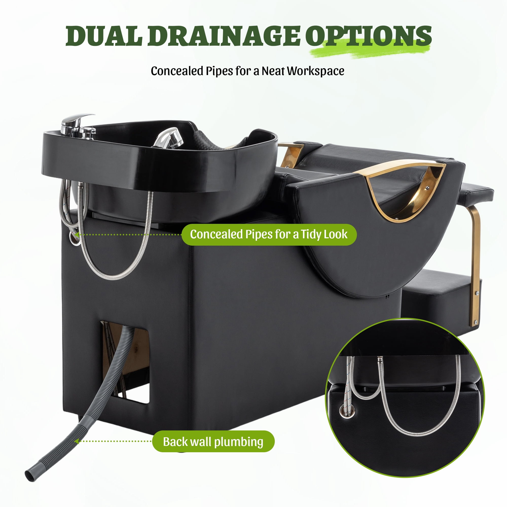 Miniyam 42.4" x 21.8" x 30" Shampoo Bowl & Chair Set with Footstool – Heavy Duty 300 lbs, Deep ABS Basin, Neck Rest, Black & Gold – for Salon Spa Barber