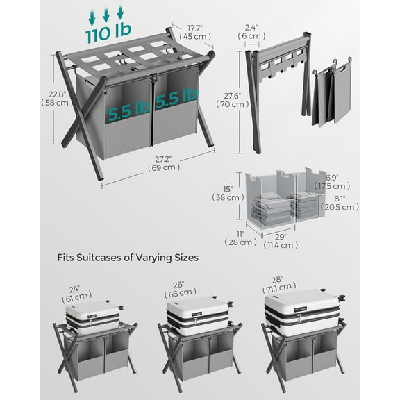 2 Pack Luggage Racks with Removable Laundry Bags, Foldable Suitcase Stands for Guest Room, Hotel, Bedroom, Steel Frame, Slate Gray